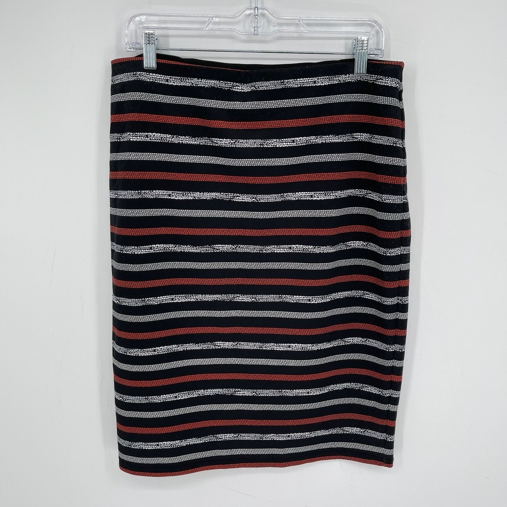 Roz & Ali Women's Black Stripe Textured Stretch Knit Pull On Pencil Skirt Size L